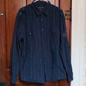 2/$20 Indigo Star Pin-Stripe Navy Blue Military Style Shirt Pearl Buttons Sz XL